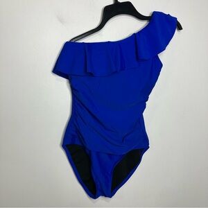 Hilor one piece swimsuit ruffle‎ one shoulder royal blue women’s size 8